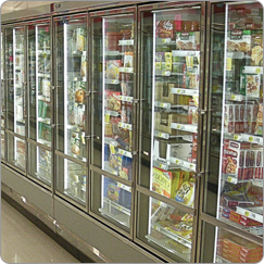 Grocery store refrigerated cases.